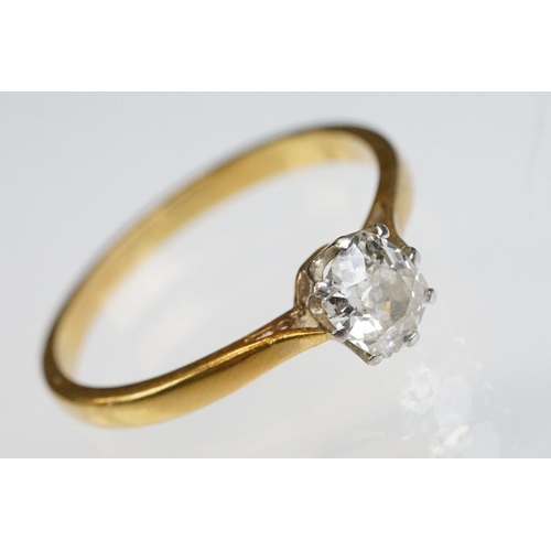 8 - Diamond solitaire 18ct yellow gold and platinum set ring, the oval cushion cut diamond weighing appr... 