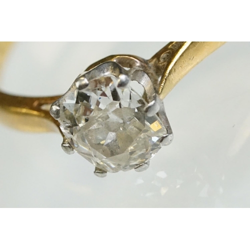 8 - Diamond solitaire 18ct yellow gold and platinum set ring, the oval cushion cut diamond weighing appr... 