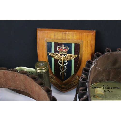 182 - A Group Of Mixed Collectables To Include Cartridge Belts, R.A.F. Medical Branch Wall Plaque, Ration ... 