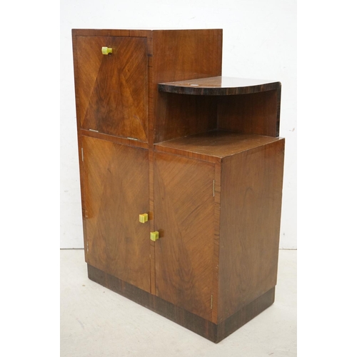 608 - Art Deco Walnut Stepped Cocktail Cabinet with geometric veneer decoration to front of doors and gree... 