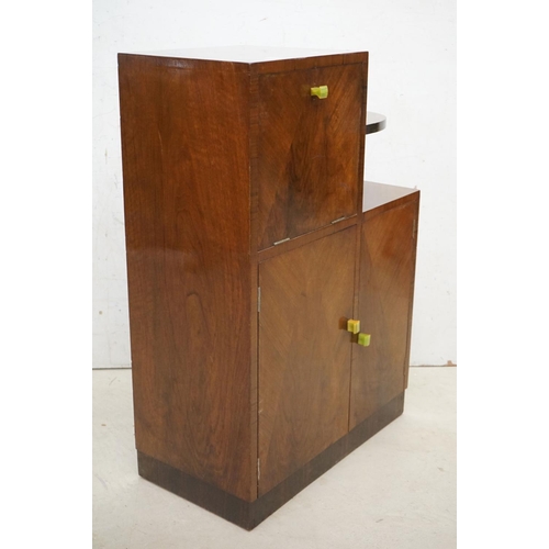 608 - Art Deco Walnut Stepped Cocktail Cabinet with geometric veneer decoration to front of doors and gree... 