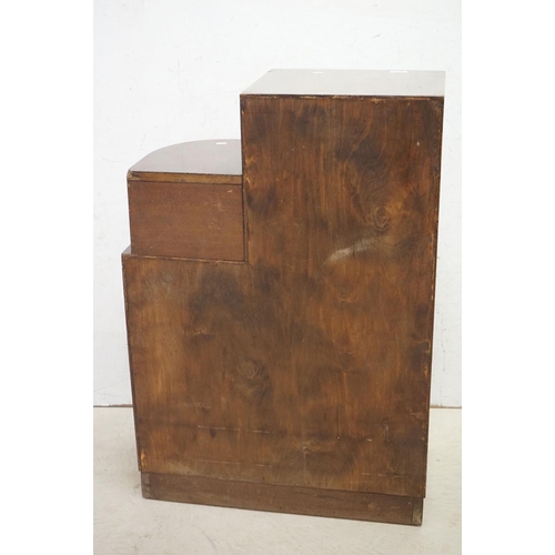 608 - Art Deco Walnut Stepped Cocktail Cabinet with geometric veneer decoration to front of doors and gree... 