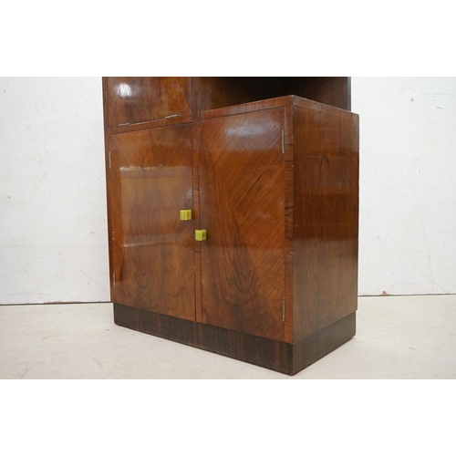 608 - Art Deco Walnut Stepped Cocktail Cabinet with geometric veneer decoration to front of doors and gree... 