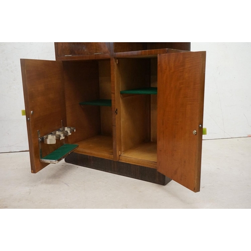 608 - Art Deco Walnut Stepped Cocktail Cabinet with geometric veneer decoration to front of doors and gree... 