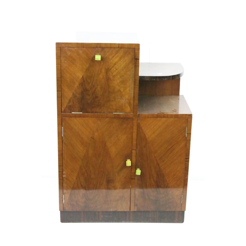 608 - Art Deco Walnut Stepped Cocktail Cabinet with geometric veneer decoration to front of doors and gree... 