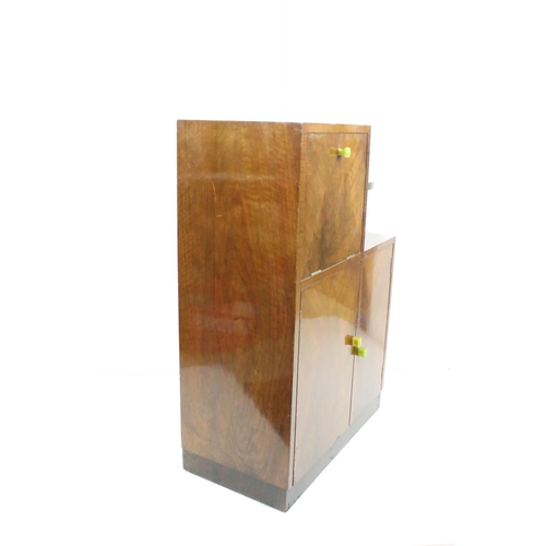 608 - Art Deco Walnut Stepped Cocktail Cabinet with geometric veneer decoration to front of doors and gree... 