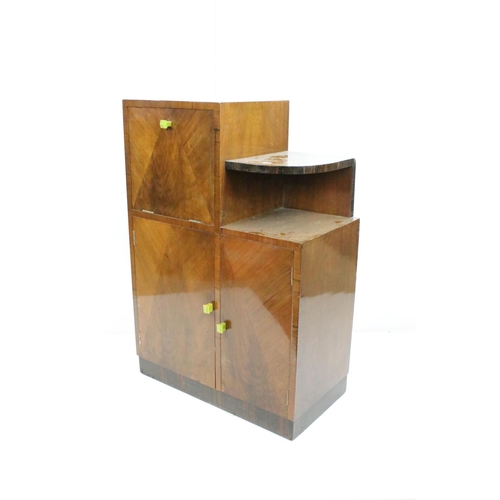 608 - Art Deco Walnut Stepped Cocktail Cabinet with geometric veneer decoration to front of doors and gree... 