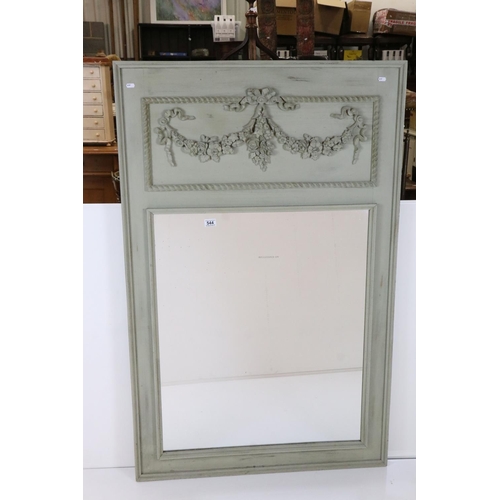 544 - 19th century style Green Painted Overmantle or Pier Mirror, the deep pediment with moulded floral sw... 