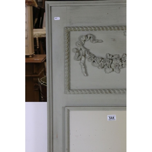 544 - 19th century style Green Painted Overmantle or Pier Mirror, the deep pediment with moulded floral sw... 