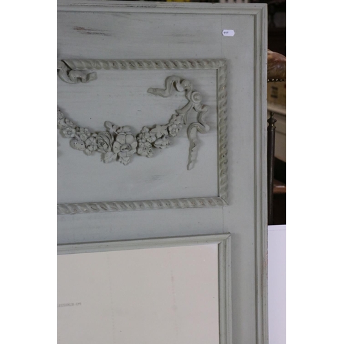 544 - 19th century style Green Painted Overmantle or Pier Mirror, the deep pediment with moulded floral sw... 