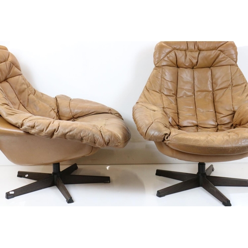 549 - Pair of Mid century Retro Danish Brown Tan Leather Bucket Swivel Chairs designed for H W Klein for B... 