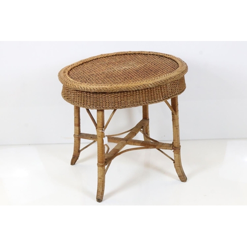 554 - Mid century Wicker and Pine Oval Table, 68cm wide x 62cm high