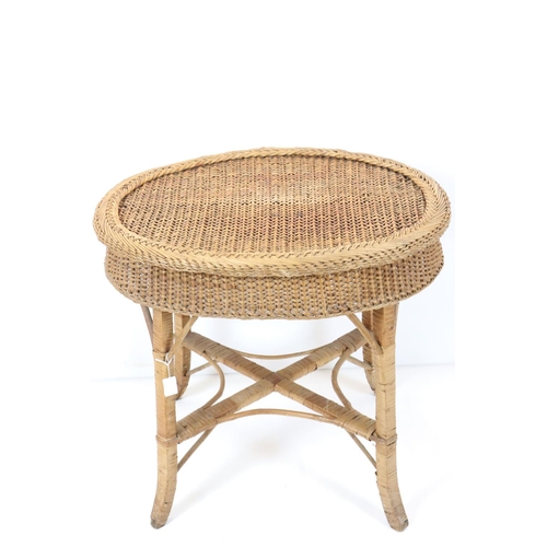 554 - Mid century Wicker and Pine Oval Table, 68cm wide x 62cm high