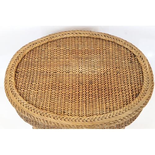 554 - Mid century Wicker and Pine Oval Table, 68cm wide x 62cm high