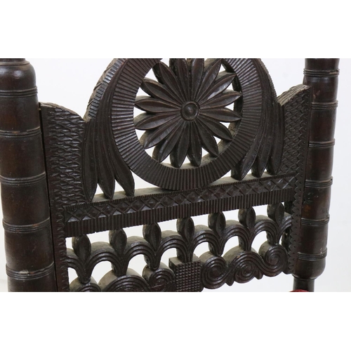 561 - Indian Punjabi Hardwood Carved Low Marriage Chair, 47cm wide x 93cm high