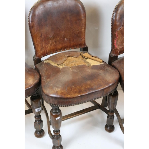 562 - Set of Four Oak Dining Chairs in the 17th century manner with brown leather effect and brass studded... 