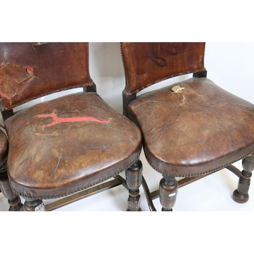 562 - Set of Four Oak Dining Chairs in the 17th century manner with brown leather effect and brass studded... 