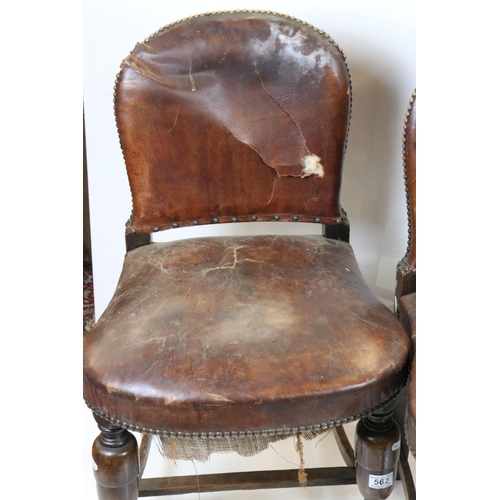 562 - Set of Four Oak Dining Chairs in the 17th century manner with brown leather effect and brass studded... 