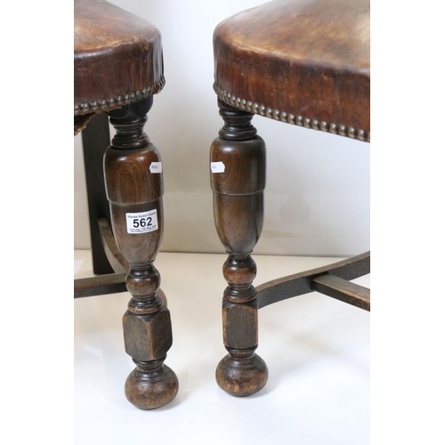 562 - Set of Four Oak Dining Chairs in the 17th century manner with brown leather effect and brass studded... 