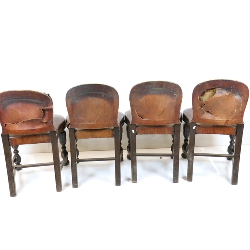 562 - Set of Four Oak Dining Chairs in the 17th century manner with brown leather effect and brass studded... 