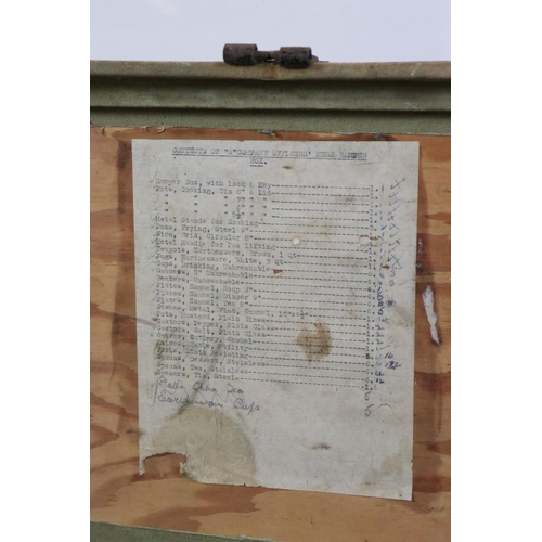 565 - An ' A' Company Officers Mess Hamper Box, stencilled 37803-G, with a type written list attached to t... 