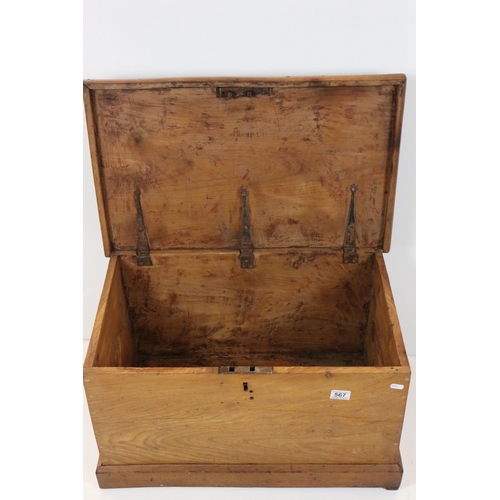 567 - 19th century Elm Blanket Box with iron carrying handles, 67cm long x 38cm high