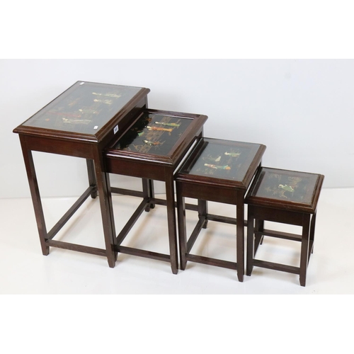 568 - Set of Four South East Asian Nest of Hardwood Tables, each with chinoiserie and shell effect decorat... 