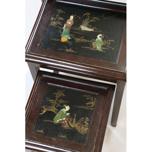 568 - Set of Four South East Asian Nest of Hardwood Tables, each with chinoiserie and shell effect decorat... 