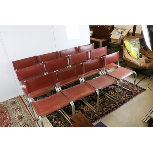 575 - Set of Twelve Bauhaus style Cantilever Chairs with tan leather effect backs and seats and tubular ch... 