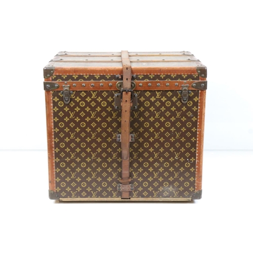 583 - Louis Vuitton Leather Bound Wooden Trunk or Square Suitcase, the hinged lid opening to two lift out ... 