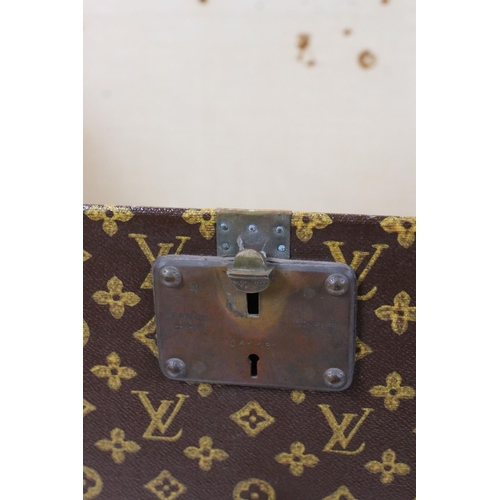 583 - Louis Vuitton Leather Bound Wooden Trunk or Square Suitcase, the hinged lid opening to two lift out ... 