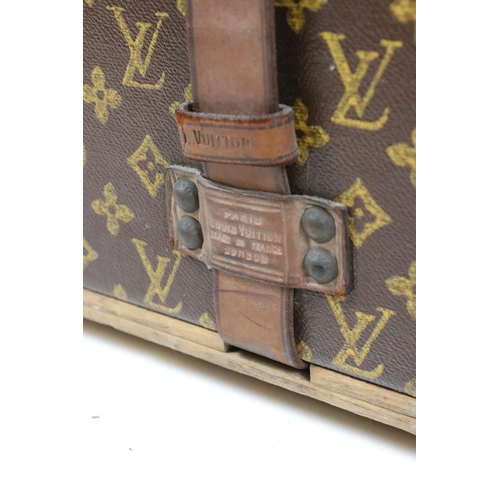 583 - Louis Vuitton Leather Bound Wooden Trunk or Square Suitcase, the hinged lid opening to two lift out ... 