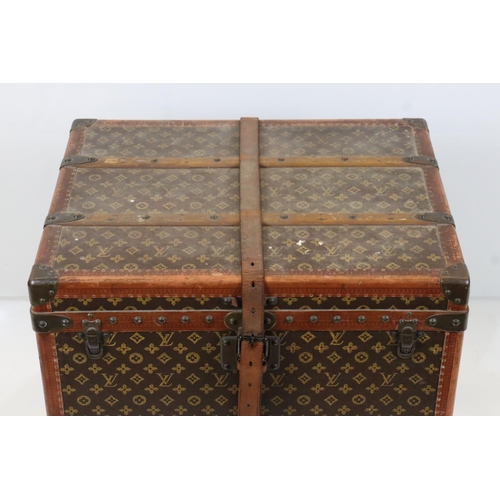 583 - Louis Vuitton Leather Bound Wooden Trunk or Square Suitcase, the hinged lid opening to two lift out ... 