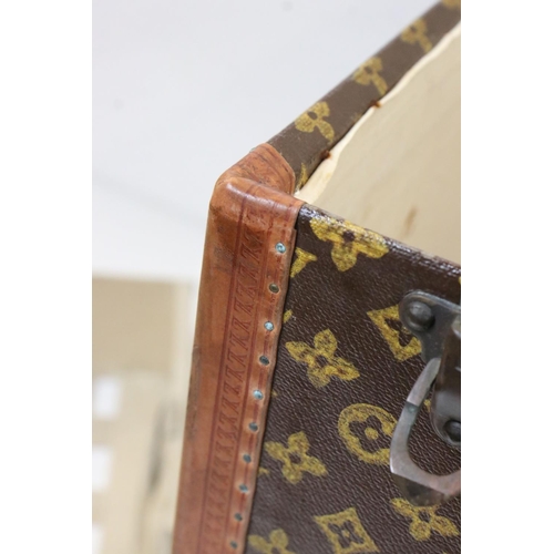 583 - Louis Vuitton Leather Bound Wooden Trunk or Square Suitcase, the hinged lid opening to two lift out ... 