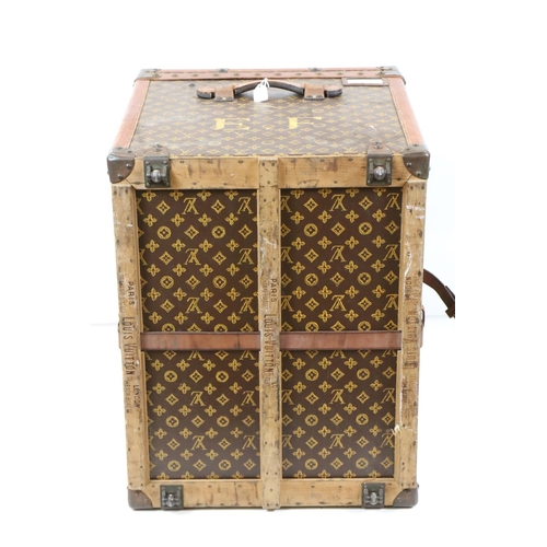 583 - Louis Vuitton Leather Bound Wooden Trunk or Square Suitcase, the hinged lid opening to two lift out ... 