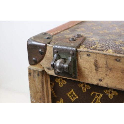 583 - Louis Vuitton Leather Bound Wooden Trunk or Square Suitcase, the hinged lid opening to two lift out ... 