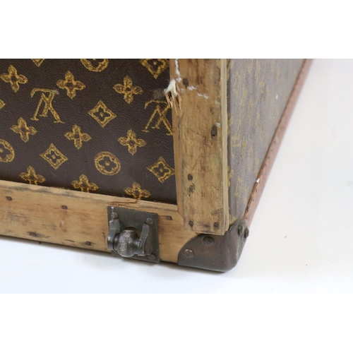 583 - Louis Vuitton Leather Bound Wooden Trunk or Square Suitcase, the hinged lid opening to two lift out ... 