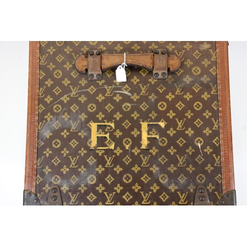 583 - Louis Vuitton Leather Bound Wooden Trunk or Square Suitcase, the hinged lid opening to two lift out ... 