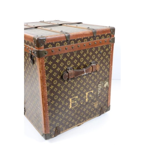 583 - Louis Vuitton Leather Bound Wooden Trunk or Square Suitcase, the hinged lid opening to two lift out ... 