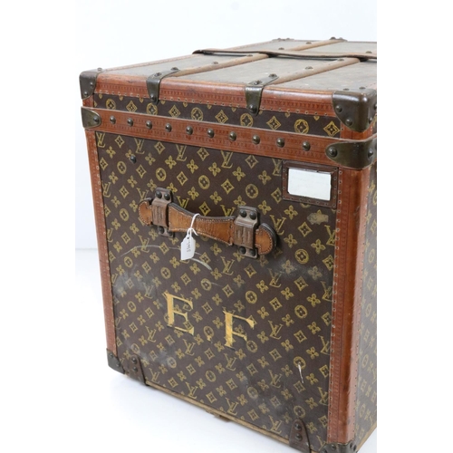 583 - Louis Vuitton Leather Bound Wooden Trunk or Square Suitcase, the hinged lid opening to two lift out ... 