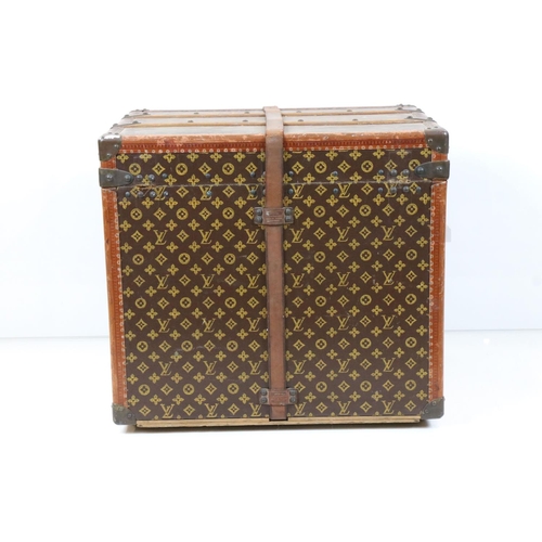 583 - Louis Vuitton Leather Bound Wooden Trunk or Square Suitcase, the hinged lid opening to two lift out ... 