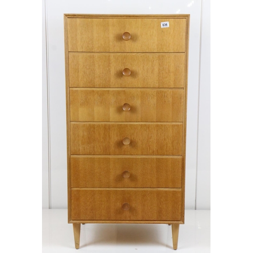 636 - Mid century Retro ' Meredew ' Pale Oak Chest of Six Short Drawers with turned disc handles, 61cm wid... 