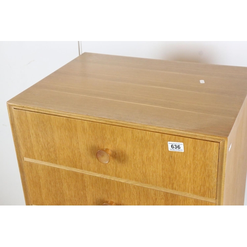 636 - Mid century Retro ' Meredew ' Pale Oak Chest of Six Short Drawers with turned disc handles, 61cm wid... 