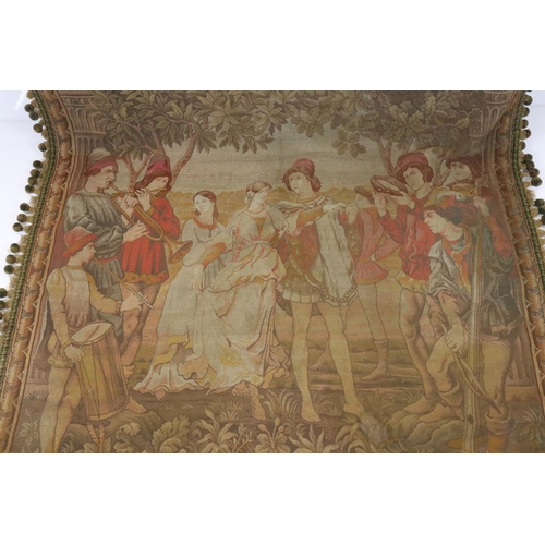 587 - Belgian machine made tapestry panel depicting musicians and dancers, approx. 2.36m x 1.3m