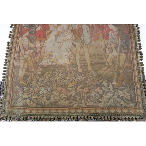 587 - Belgian machine made tapestry panel depicting musicians and dancers, approx. 2.36m x 1.3m