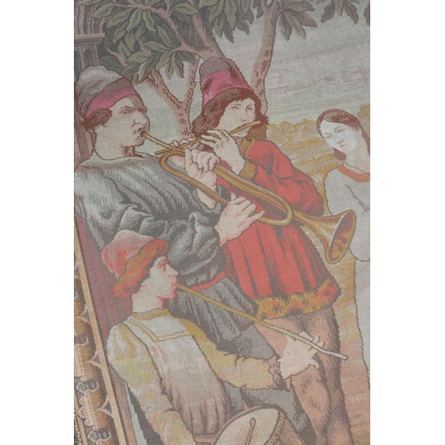 587 - Belgian machine made tapestry panel depicting musicians and dancers, approx. 2.36m x 1.3m