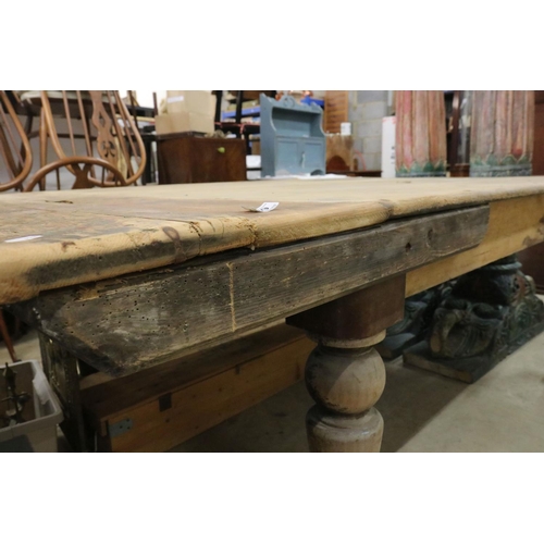 589 - 19th century Oak and Pine Farmhouse Table with a later added pine extension to end, raised on turned... 