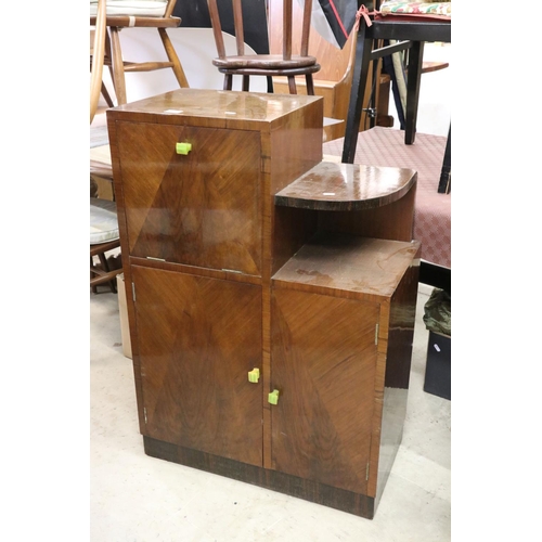 608 - Art Deco Walnut Stepped Cocktail Cabinet with geometric veneer decoration to front of doors and gree... 