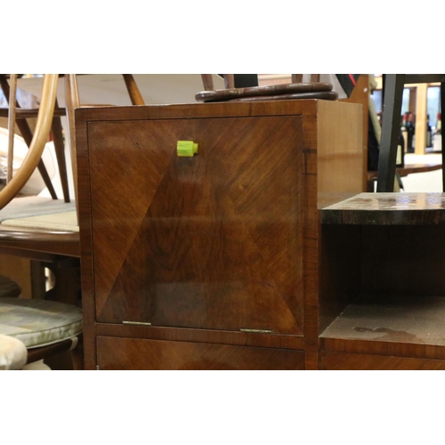 608 - Art Deco Walnut Stepped Cocktail Cabinet with geometric veneer decoration to front of doors and gree... 