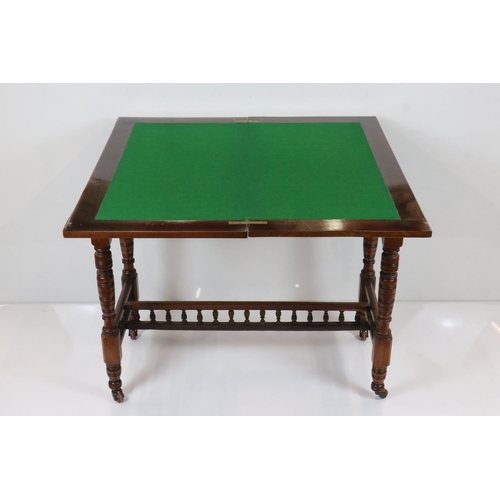 610 - Late Victorian / Edwardian Mahogany Fold-over Card Table, the rectangular top opening to a green bai... 